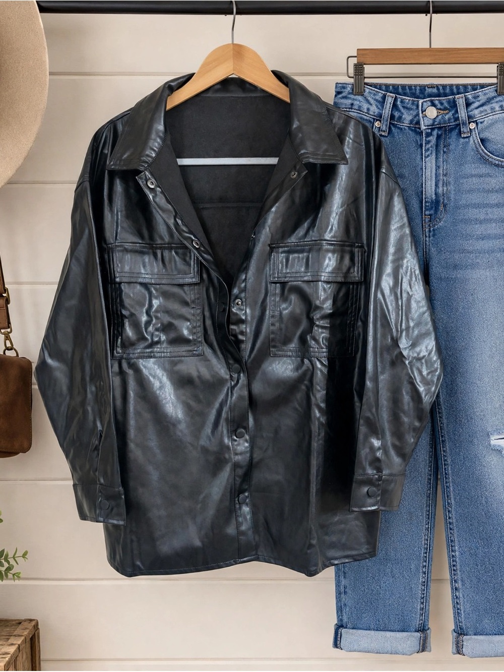 Aigle Black Faux Leather Shirt Jacket